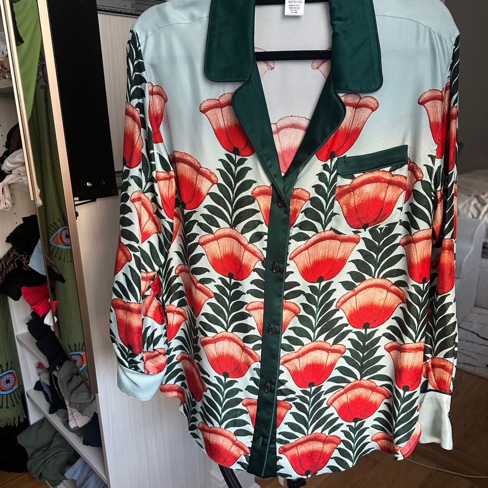 Oscar de la Renta Floral Blouse - Red and Green